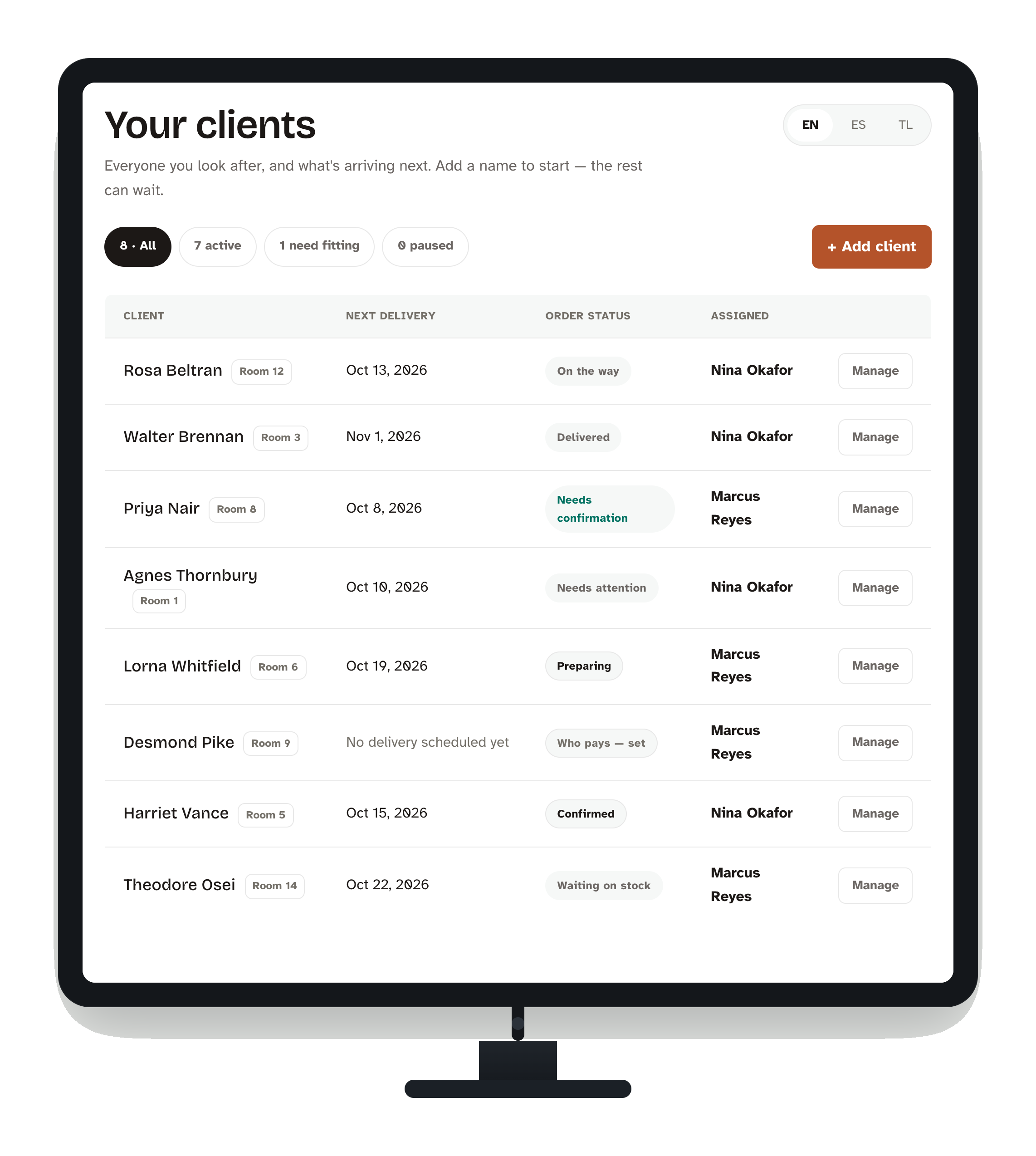 The Caregivers Shop coordinator screen — a list of clients showing who is covered and what is on the way